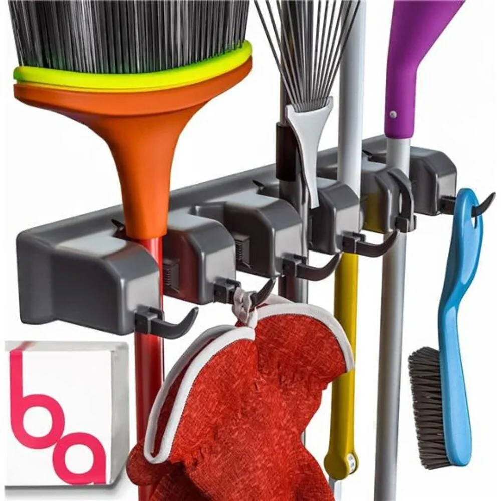 Wall-Mounted Broom Holder - Garden Tool & Utility Organizer with‎ Hooks, 1pack